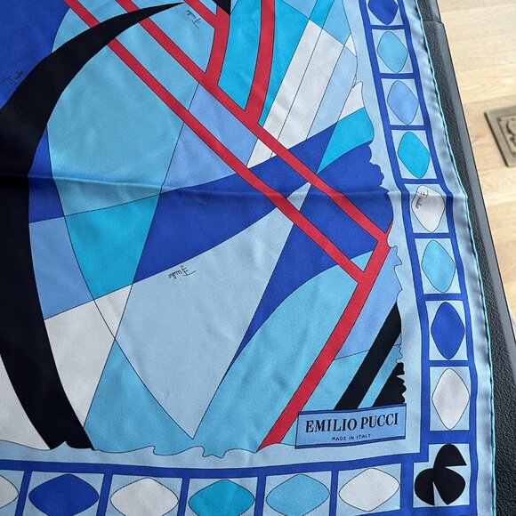 ❌SOLD❌Emilio Pucci Silk Scarf Large Square Blue Red Print Design - Picture 3 of 7